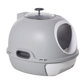 PawHut Cat Litter Box Toilet with Lid, Covered Litter Box with Scoop, Enclosed Drawer, and Skylight, Gray