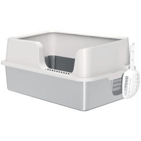 PawHut Stainless Steel Litter Box with High Side, Scoop, Easy Cleaning & Anti-Urine Leakage, for Big Cats, Light Gray